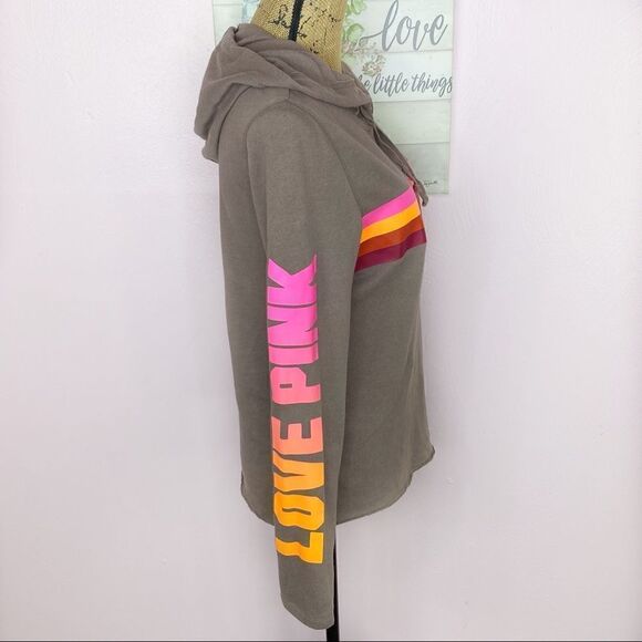 Pink by Victorias Secret Retro Stripe Hooded Sweatshirt Taupe Brown Small - Picture 3 of 10